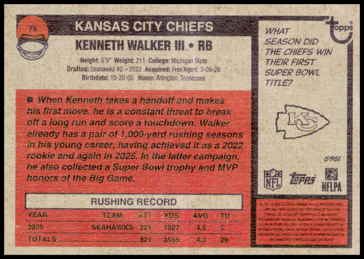 2026 Topps Heritage Kenneth Walker III Card Kansas City Chiefs