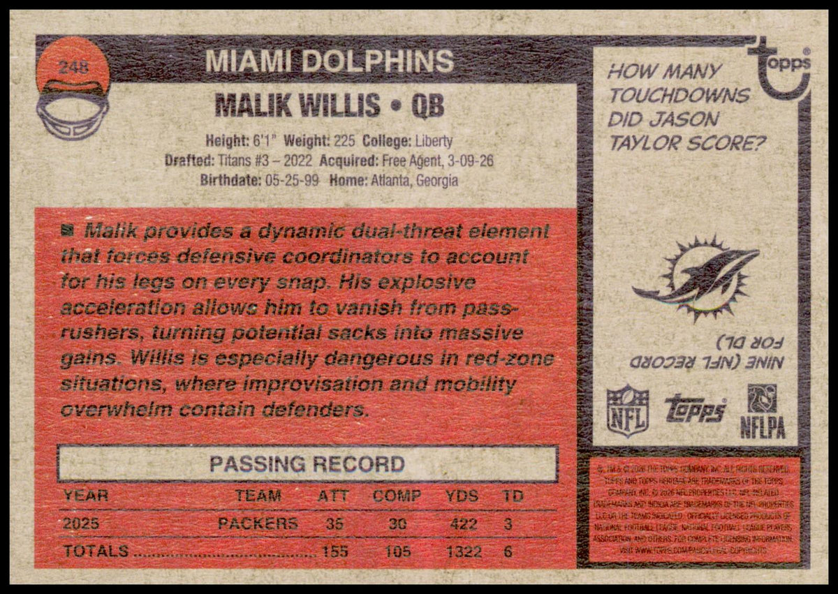 2026 Topps Heritage Malik Willis Card Miami Dolphins
