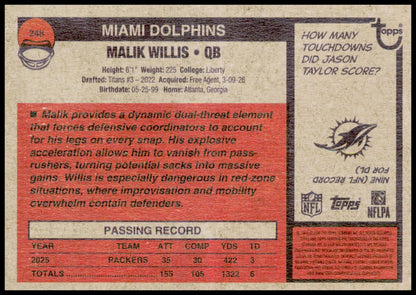 2026 Topps Heritage Malik Willis Card Miami Dolphins