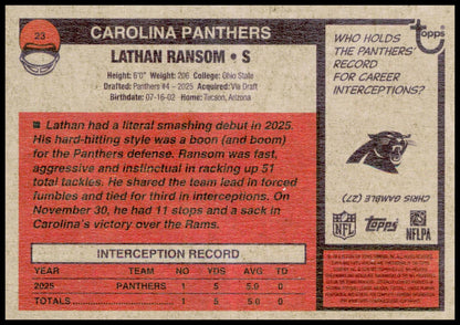 2026 Topps Heritage Lathan Ransom Card Carolina Panthers