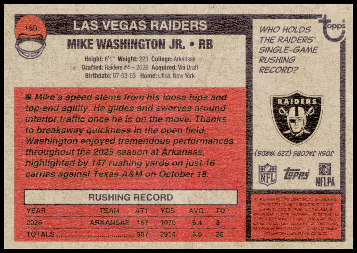 2026 Topps Heritage Mike Washington Jr. Card RC Las Vegas Raiders