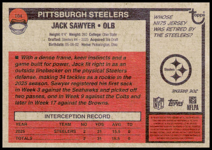 2026 Topps Heritage Jack Sawyer Card Pittsburgh Steelers