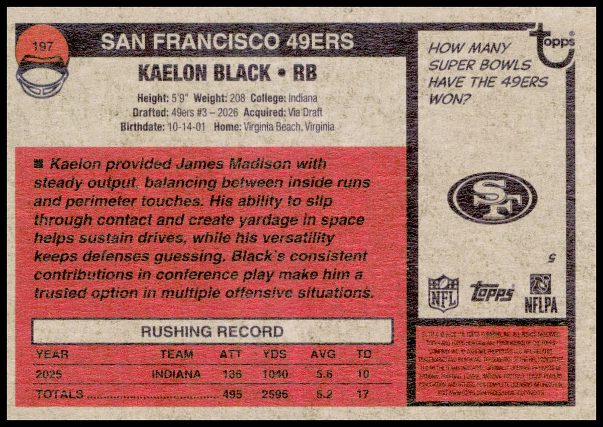 2026 Topps Heritage Kaelon Black Card RC San Francisco 49ers