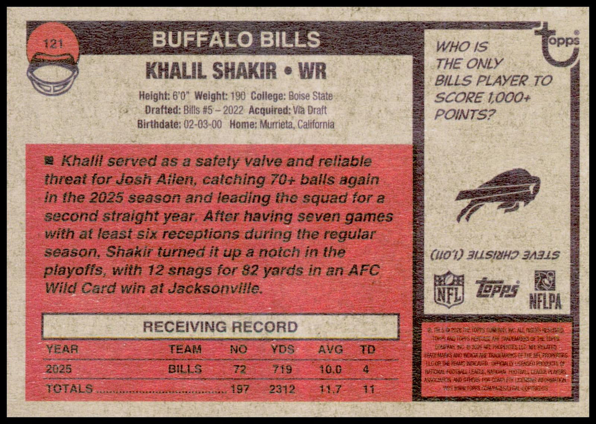 2026 Topps Heritage Khalil Shakir Card Buffalo Bills