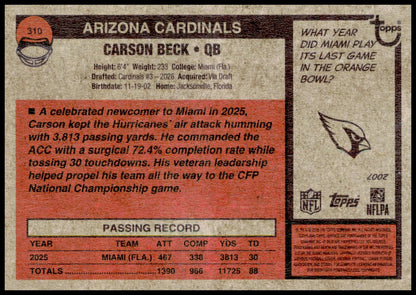 2026 Topps Heritage Carson Beck Card RC Arizona Cardinals