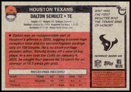 2026 Topps Heritage Dalton Schultz Card Houston Texans
