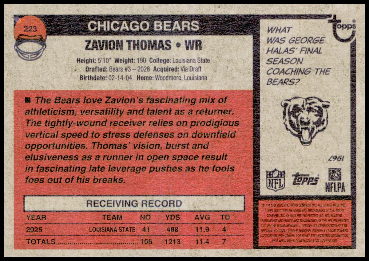 2026 Topps Heritage Zavion Thomas Card RC Chicago Bears