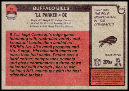 2026 Topps Heritage T.J. Parker Card RC Buffalo Bills