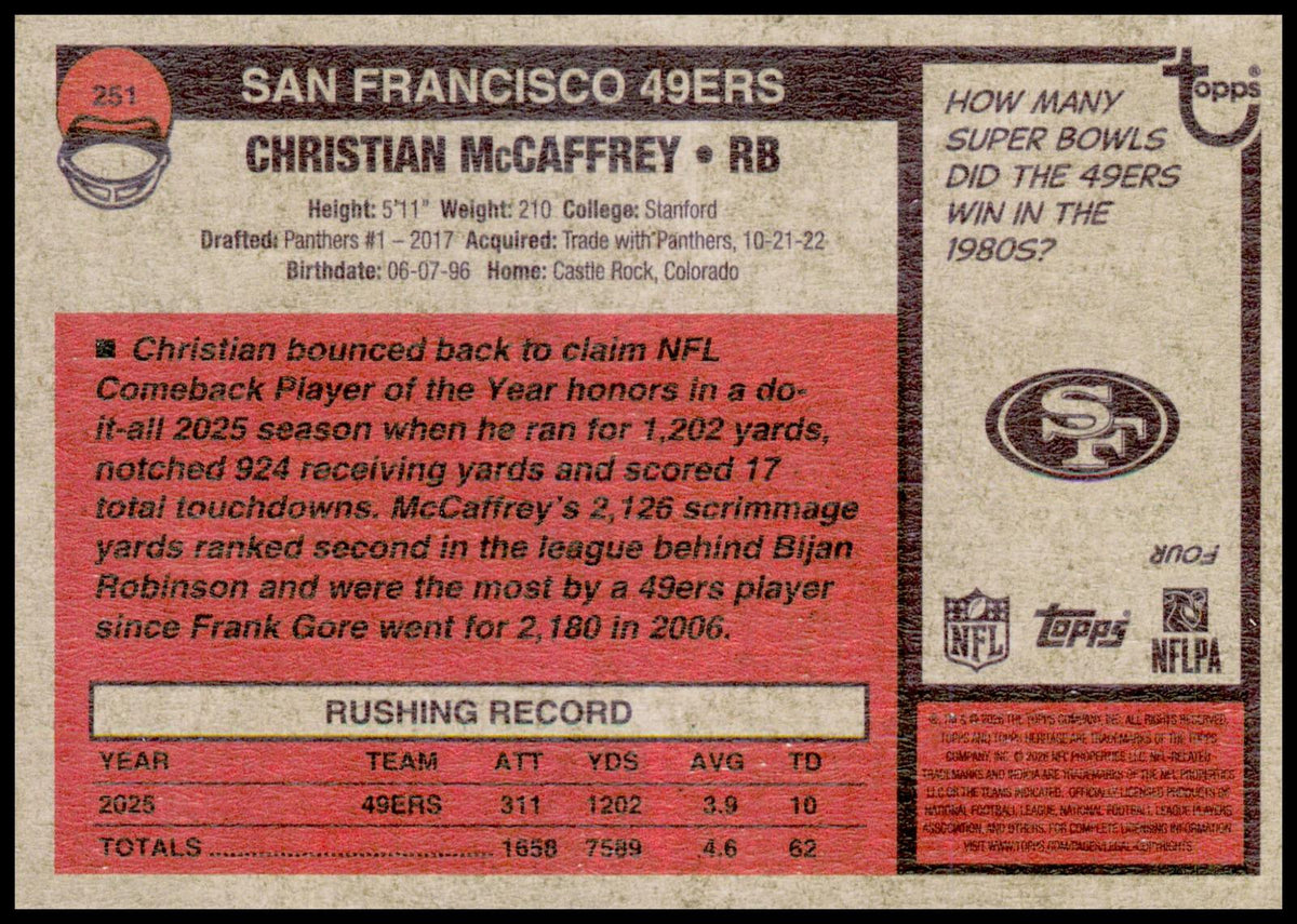 2026 Topps Heritage Christian McCaffrey Card San Francisco 49ers