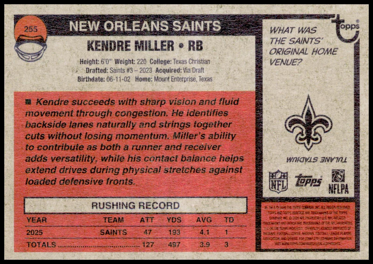 2026 Topps Heritage Kendre Miller Card New Orleans Saints