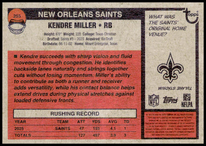 2026 Topps Heritage Kendre Miller Card New Orleans Saints