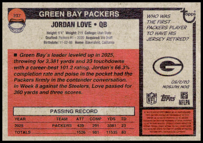2026 Topps Heritage Jordan Love Card Green Bay Packers