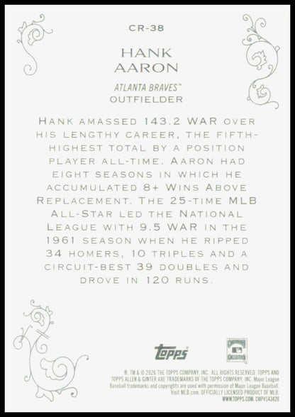 2026 Topps Allen & Ginter Hank Aaron Card Career 250 HOF Atlanta Braves