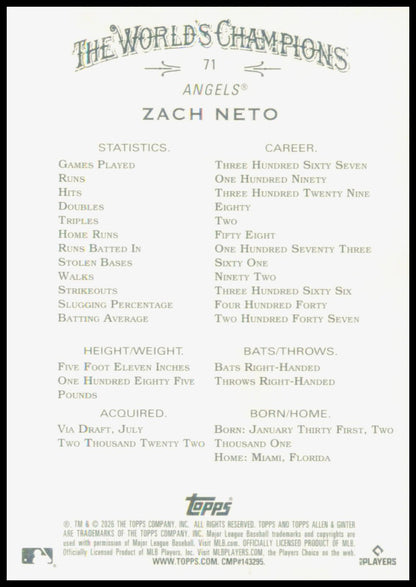 2026 Topps Allen & Ginter Zach Neto Card Los Angeles Angels