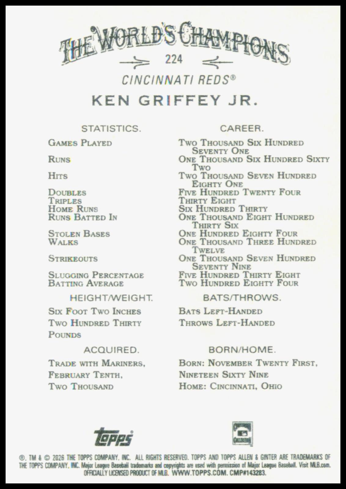 2026 Topps Allen & Ginter Ken Griffey Jr. Card HOF Cincinnati Reds