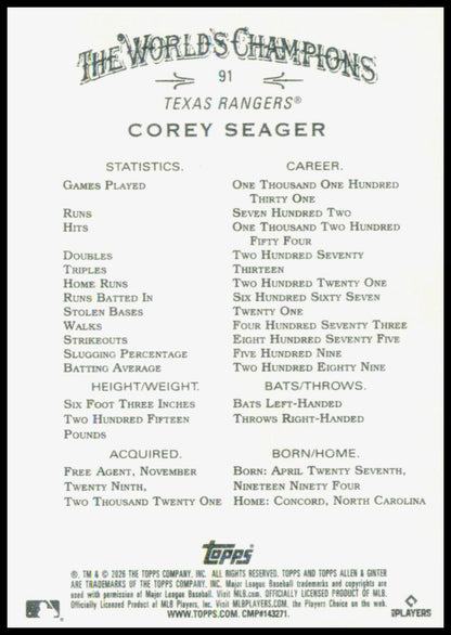 2026 Topps Allen & Ginter Corey Seager Card Texas Rangers