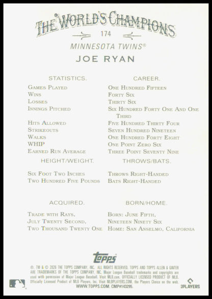 2026 Topps Allen & Ginter Joe Ryan Card Minnesota Twins
