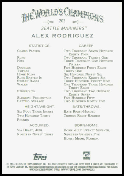 2026 Topps Allen & Ginter Alex Rodriguez Card Seattle Mariners