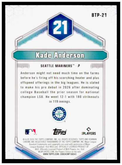 2026 Bowman Kade Anderson Card Bowman Scouts' Top 100 Seattle Mariners