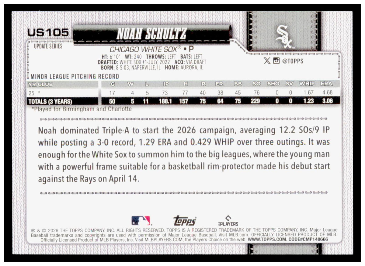 2026 Topps Update Noah Schultz Card Sandglitter RC Chicago White Sox