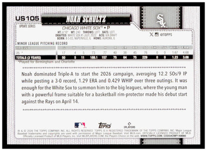 2026 Topps Update Noah Schultz Card Sandglitter RC Chicago White Sox