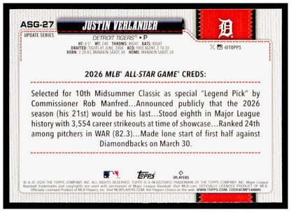2026 Topps Update Justin Verlander Card 2026 All-Star Game Pink Detroit Tigers