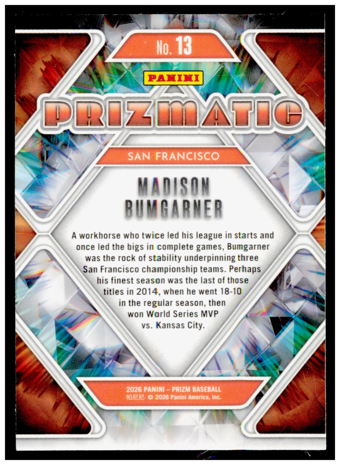 2026 Panini Prizm Madison Bumgarner Card Prizmatic San Francisco Giants