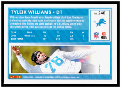 2025 Donruss Optic Tyleik Williams Card Blue Hyper RC Detroit Lions