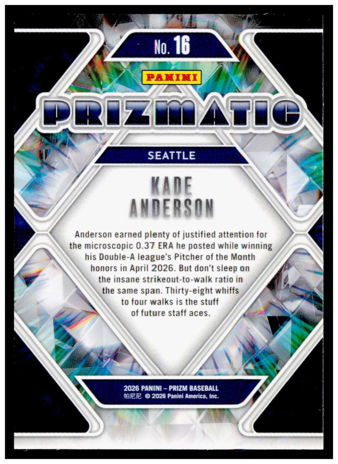 2026 Panini Prizm Kade Anderson Card Prizmatic Seattle Mariners