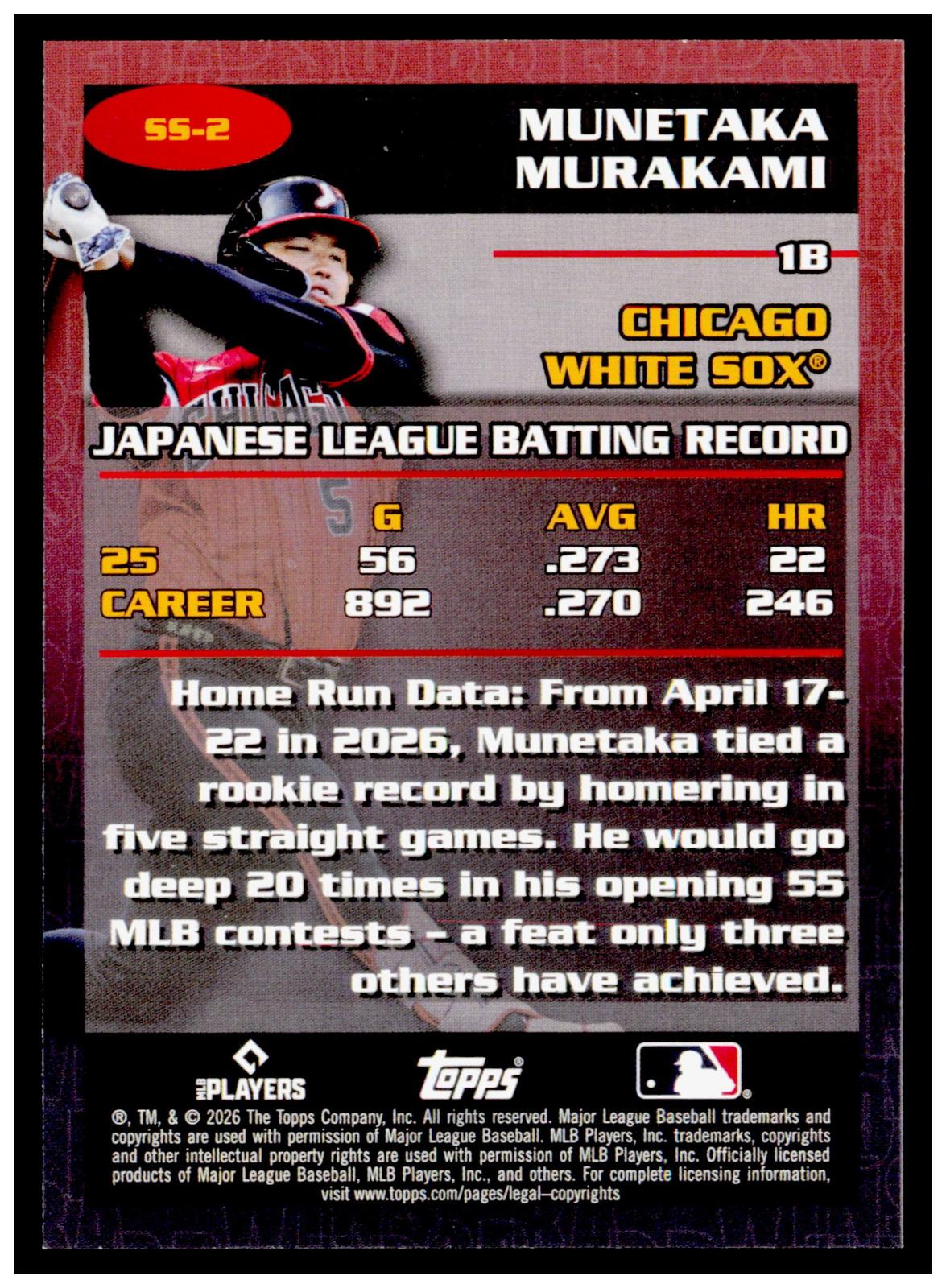 2026 Topps Update Munetaka Murakami Card Stat Stars Chicago White Sox