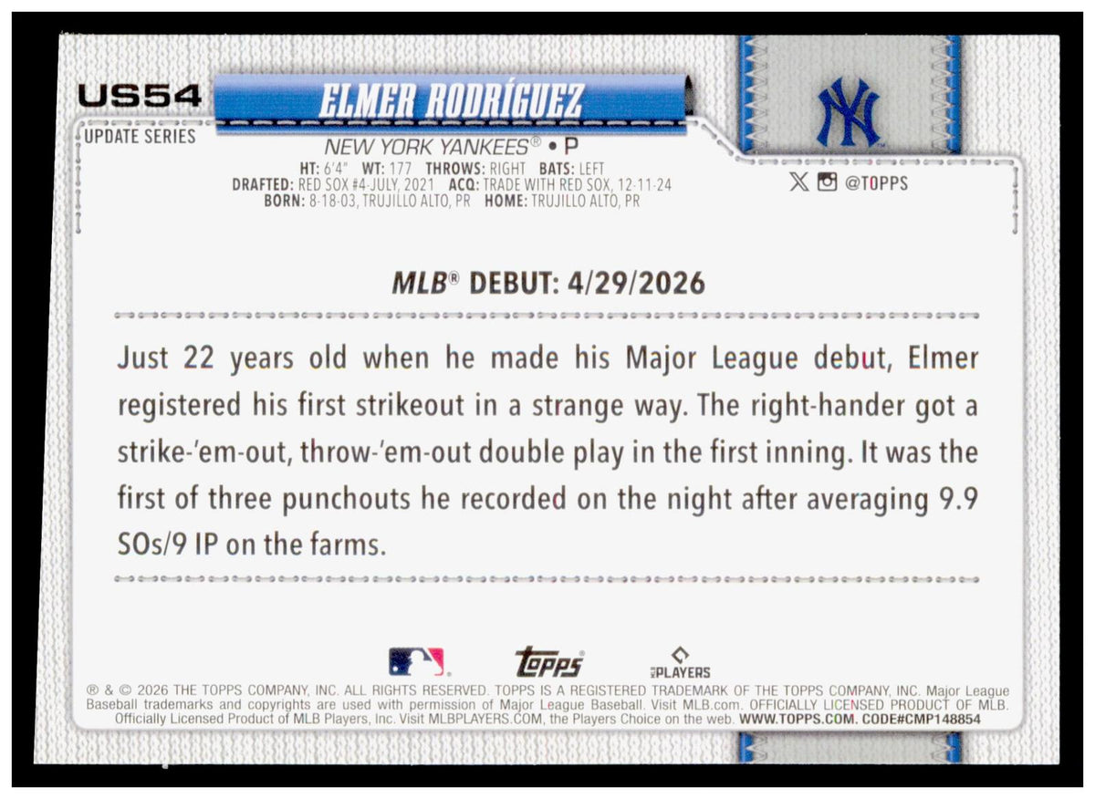 2026 Topps Update Elmer Rodríguez Card Holiday New York Yankees