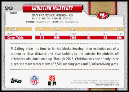 2026 Topps Holiday Christian McCaffrey Card San Francisco 49ers