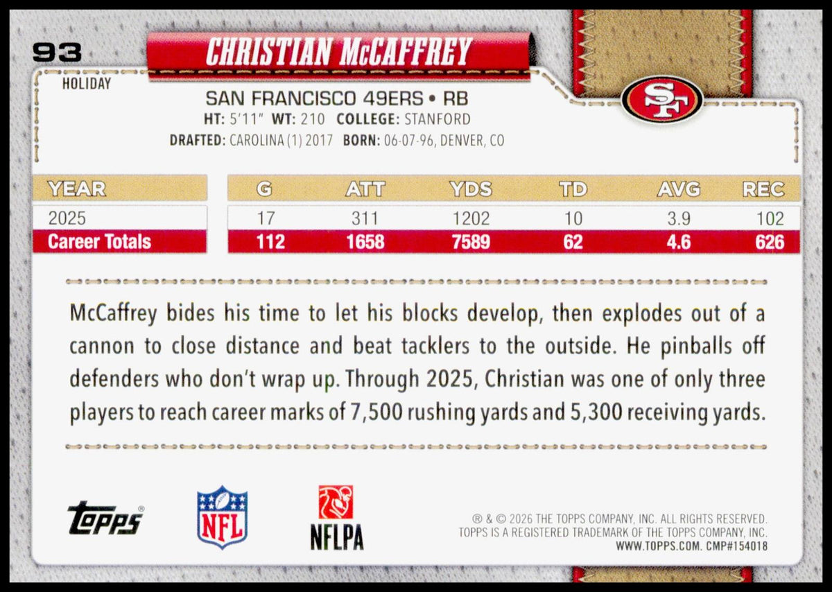 2026 Topps Holiday Christian McCaffrey Card San Francisco 49ers
