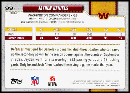 2026 Topps Holiday Jayden Daniels Card Washington Commanders