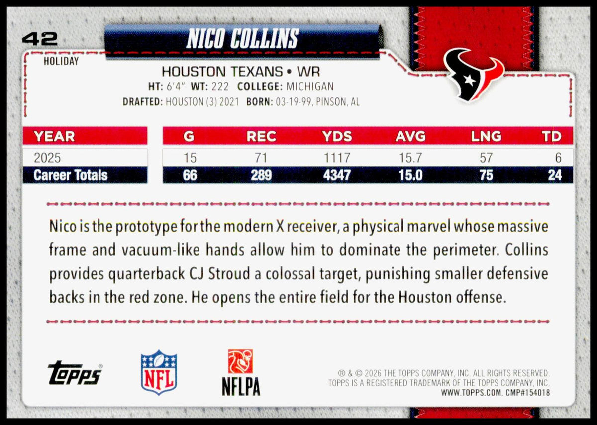 2026 Topps Holiday Nico Collins Card Houston Texans