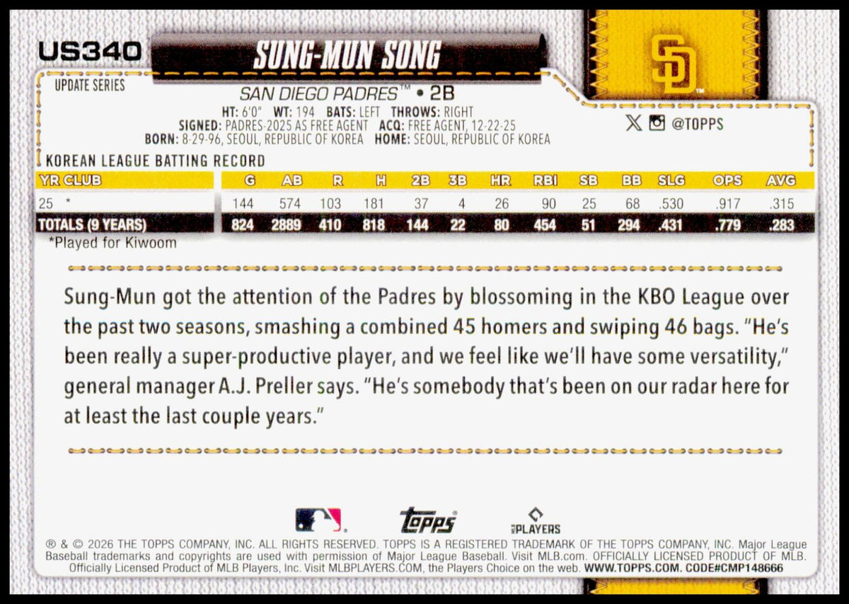 2026 Topps Update Sung-Mun Song Card Diamante Foil RC San Diego Padres
