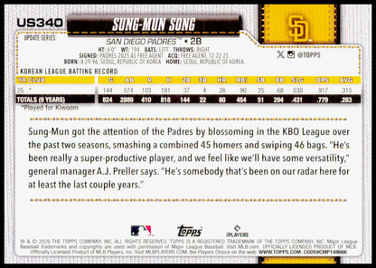 2026 Topps Update Sung-Mun Song Card Diamante Foil RC San Diego Padres