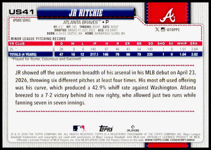 2026 Topps Update JR Ritchie Card Holiday RC Atlanta Braves