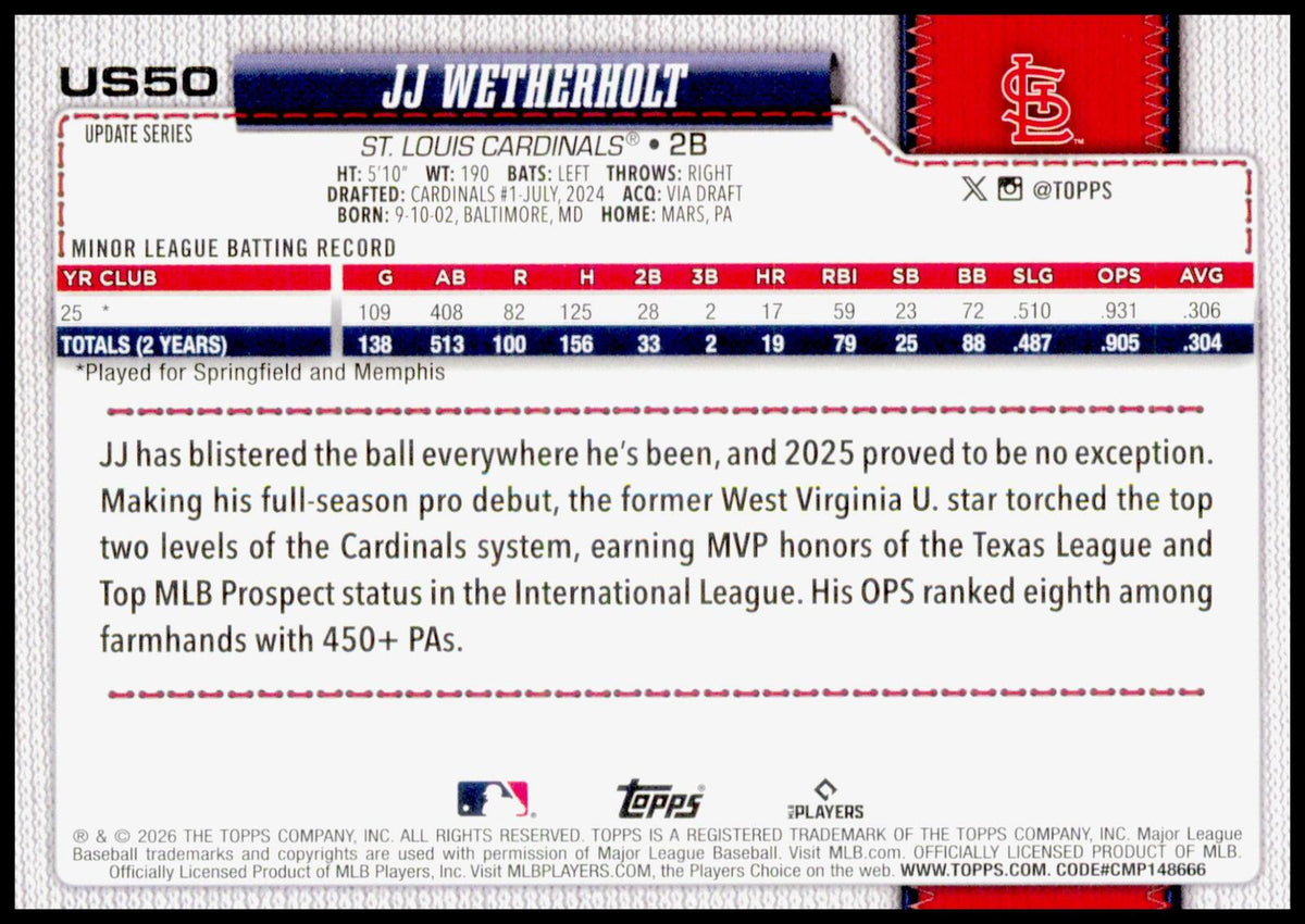 2026 Topps Update JJ Wetherholt Card RC St. Louis Cardinals