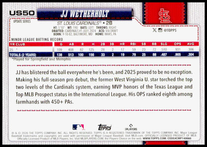 2026 Topps Update JJ Wetherholt Card RC St. Louis Cardinals