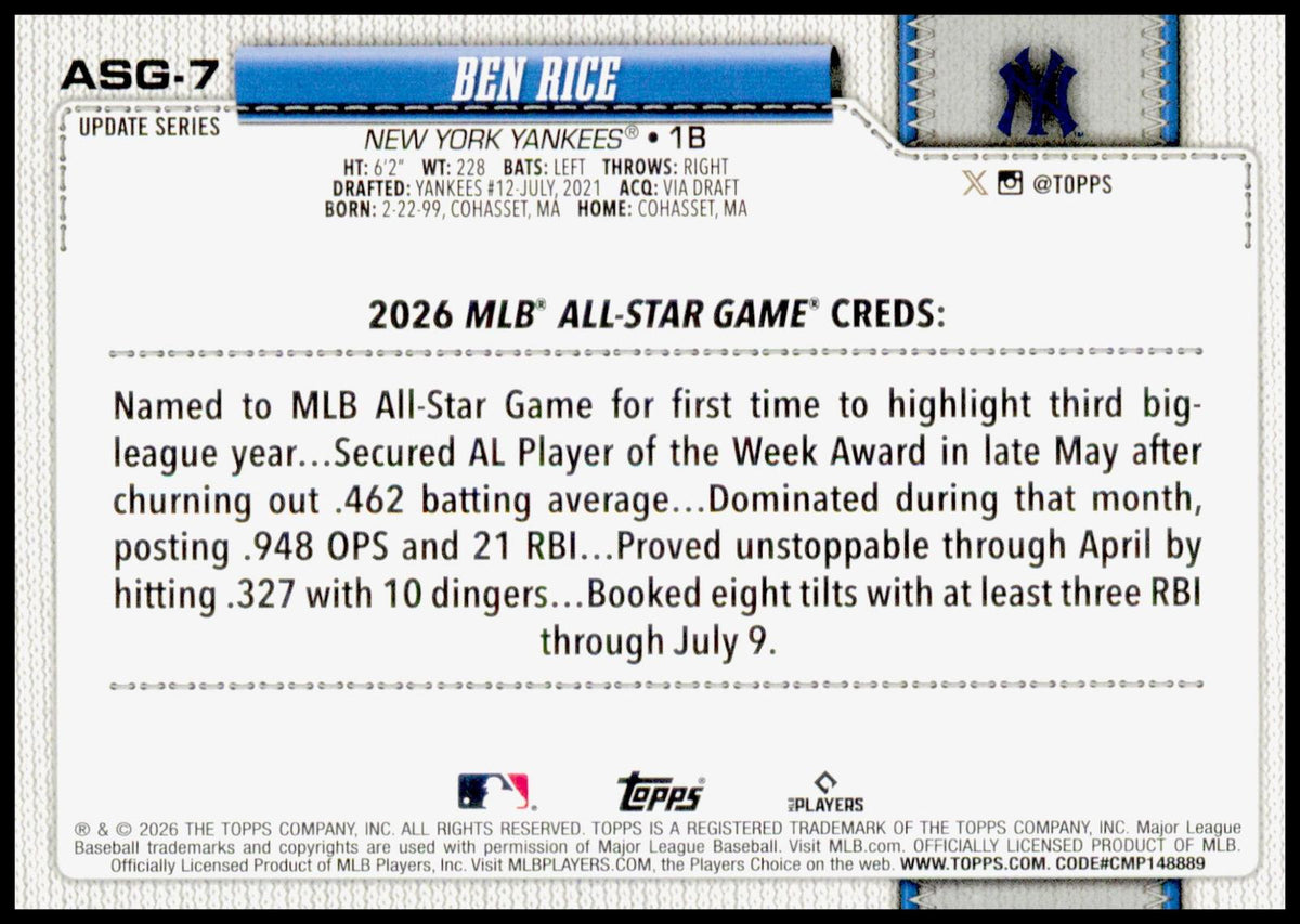 2026 Topps Update Ben Rice Card 2026 All-Star Game New York Yankees