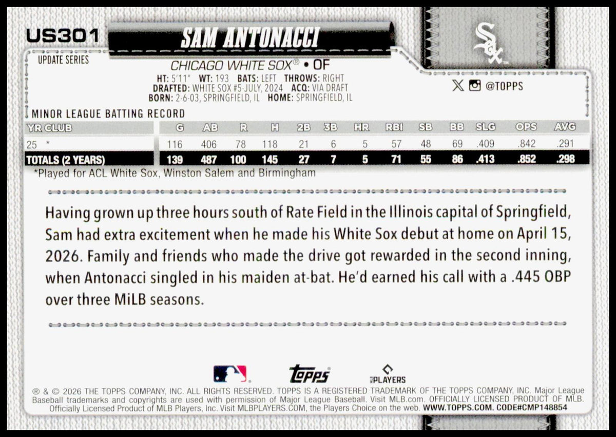 2026 Topps Update Sam Antonacci Card Holiday RC Chicago White Sox