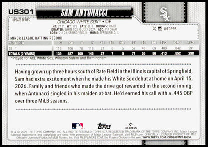 2026 Topps Update Sam Antonacci Card Holiday RC Chicago White Sox