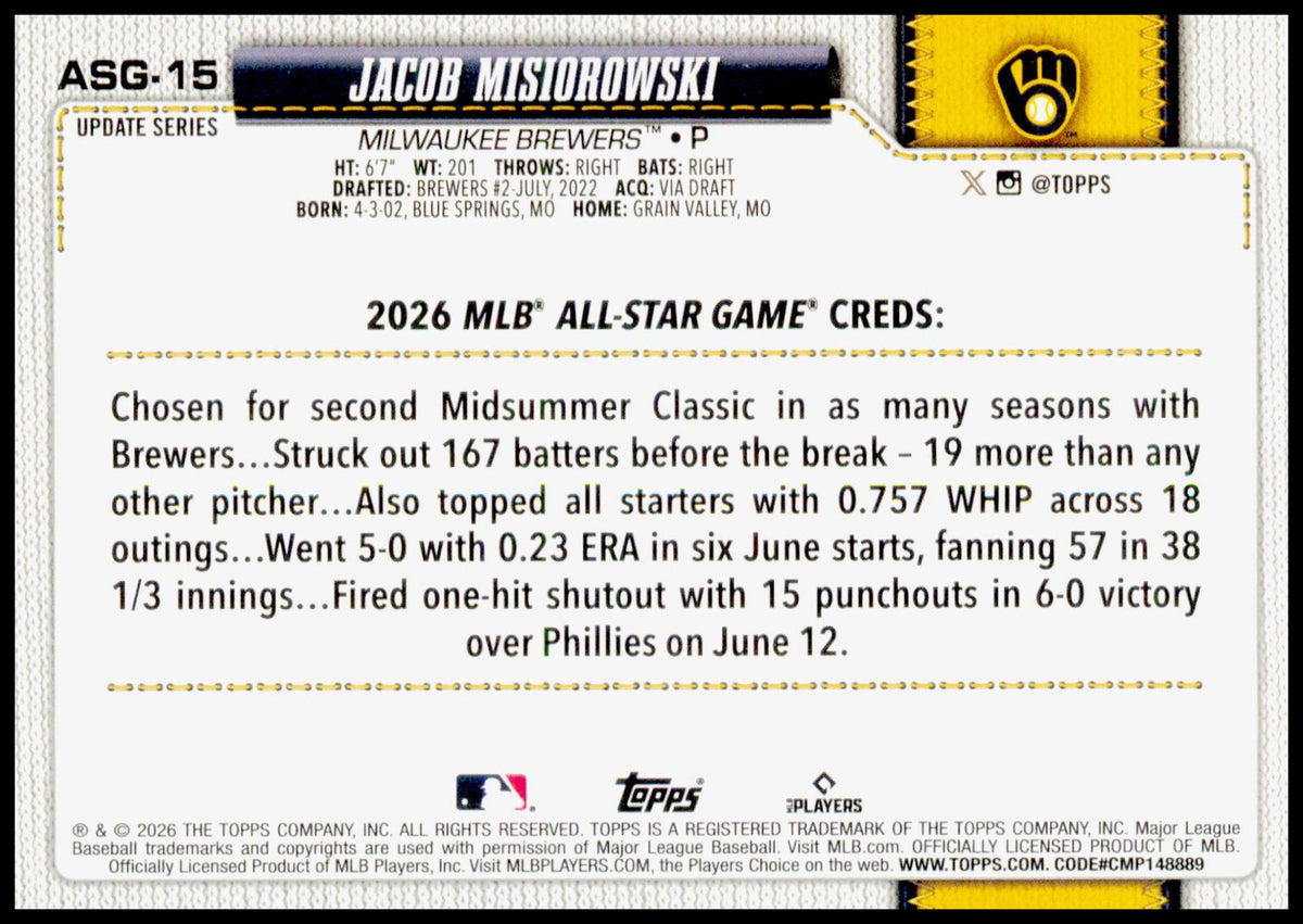 2026 Topps Update Jacob Misiorowski Card 2026 All-Star Game Milwaukee Brewers