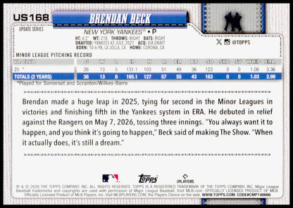 2026 Topps Update Brendan Beck Card Holo Foil RC New York Yankees