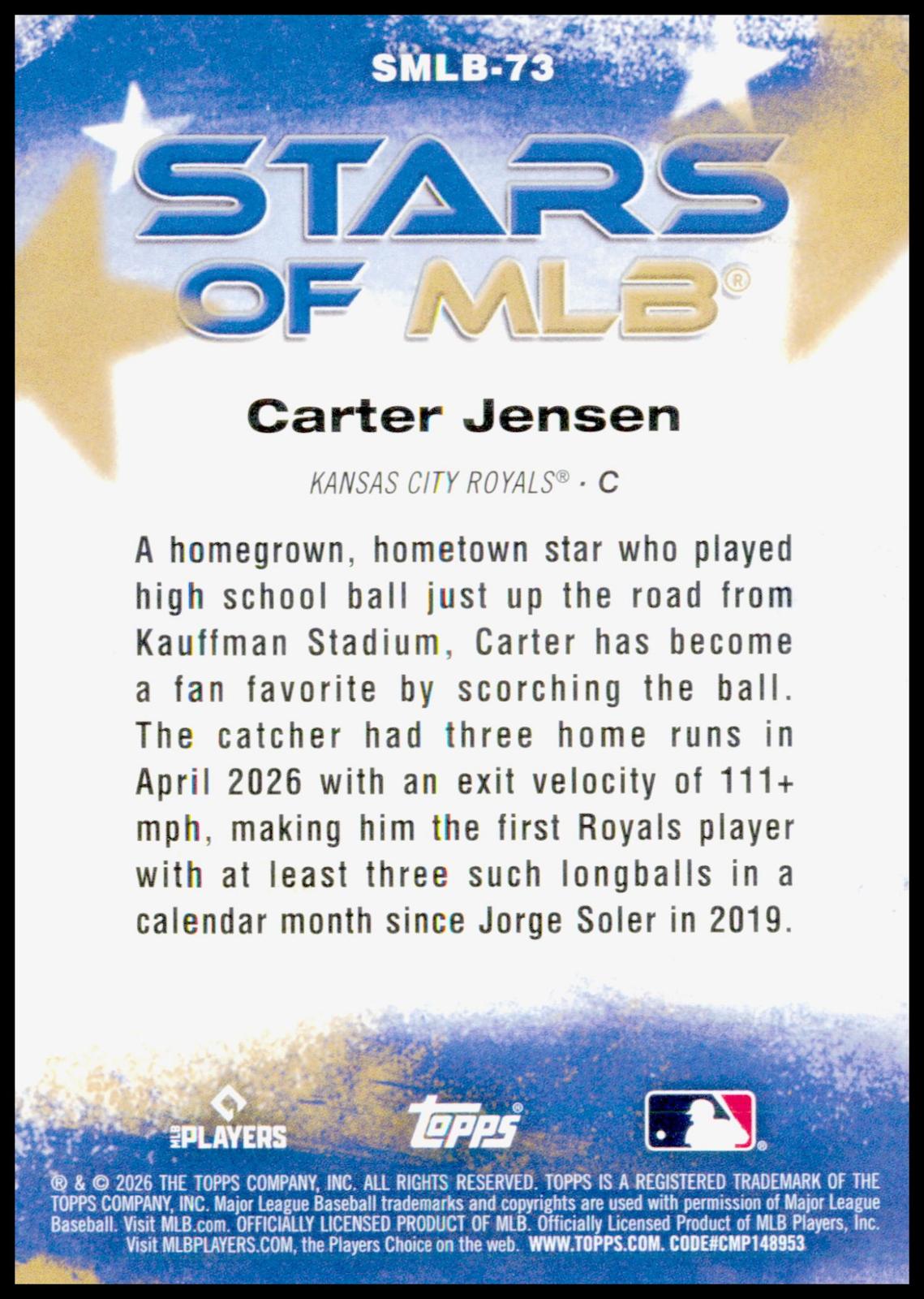 2026 Topps Update Carter Jensen Card Stars of MLB Pink Kansas City Royals