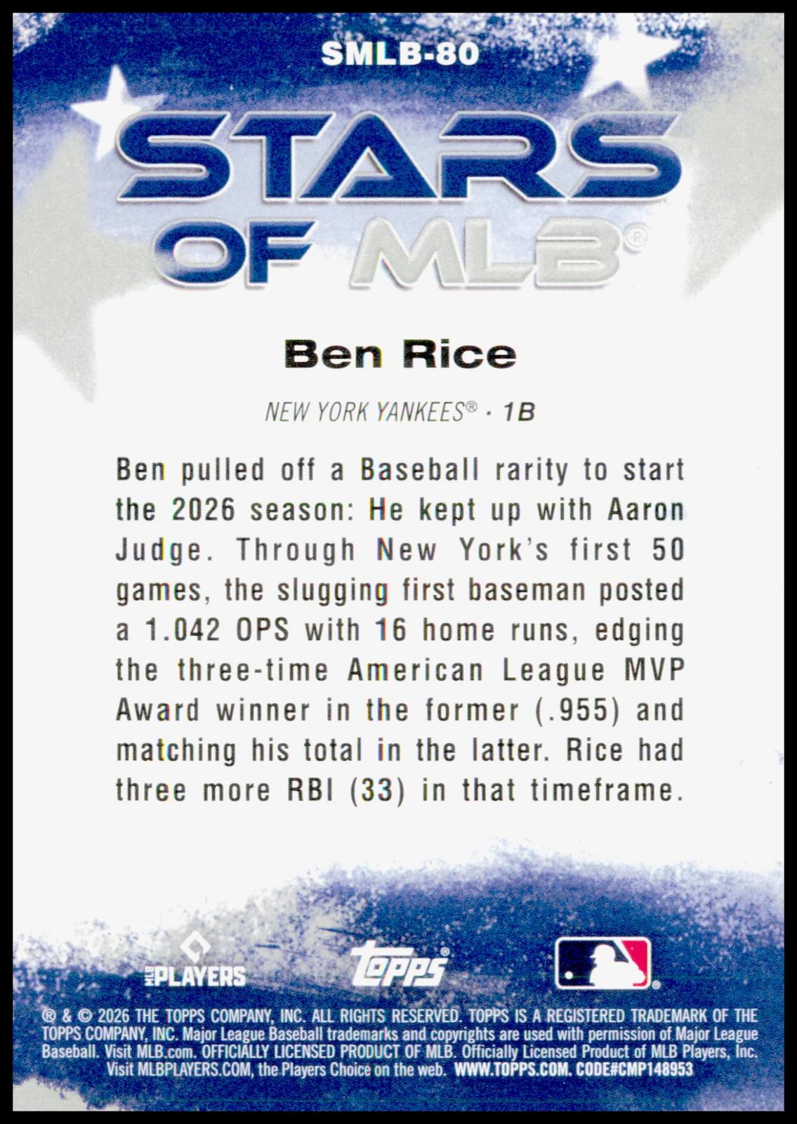 2026 Topps Update Ben Rice Card Stars of MLB New York Yankees